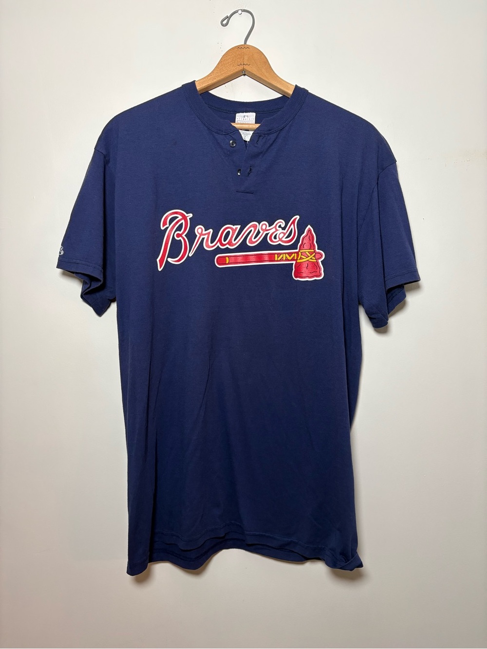 Vintage Atlanta Braves Majestic MLB Henley T-Shirt XL #34 Navy